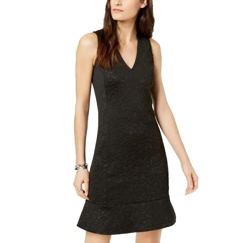 New! MICHAEL KORS Women's Embossed Floral Flared Hem Scuba Black Dress